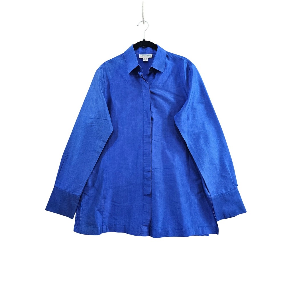 Charlotte Kellogg Button Down Women Large Blue Solid 100% Silk Palm Beach Shirt